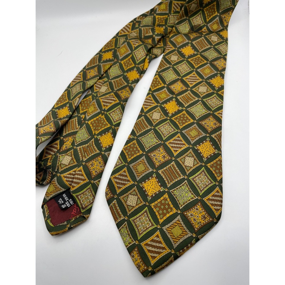 Salvatore Ferragamo Mens Silk Tie Green Yellow Geometric Diamond Made In Italy